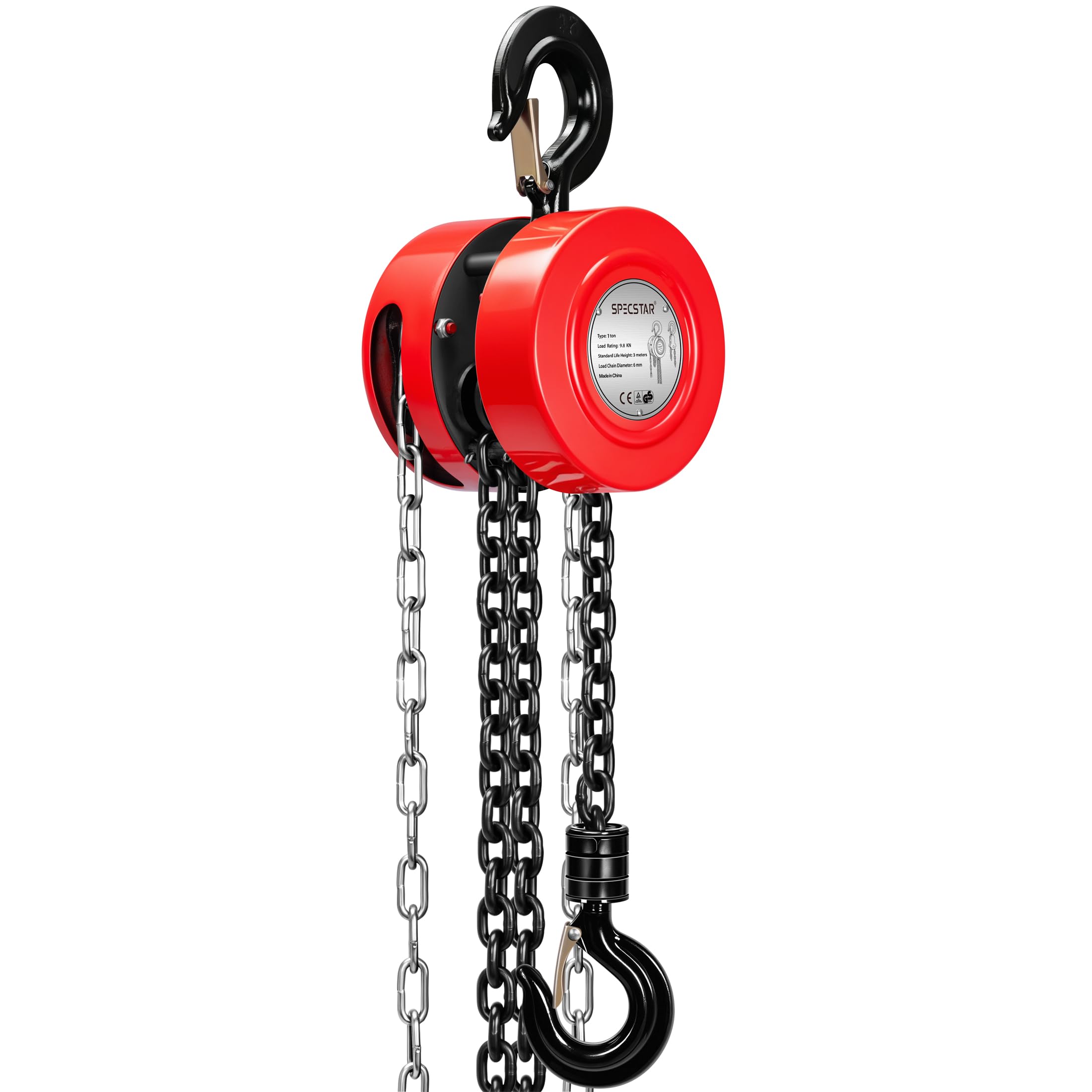 SPECSTAR Hand Chain Hoist 1 Ton 2200 Lbs Capacity 10 Feet with 2 Hooks
