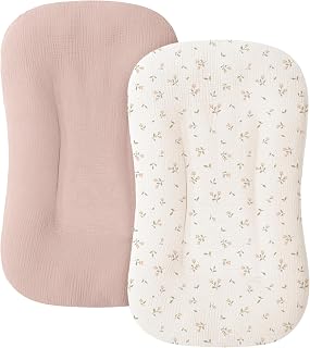 MairMore 2-Pack Muslin Baby Lounger Cover for Newborn &amp; Infant, Cover Only | 100% Cotton, Soft Breathable Lounger Slipcover for Baby Girls and Boys, 30 x 22 In, Envelope Closure Design (Pink Blossom)