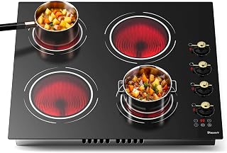 Disaenvir 24 Inch Electric Cooktop Knob Control, 240V Hard Wired No Plug | Built-in 4 Burner 24 Inches Electric Stove Top with 9 Power Level, Pause, Safety Lock, Timer, Cut-out Size: 22.05"L x 19.3"W