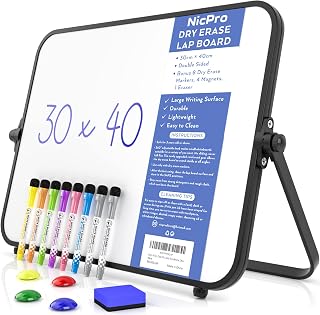 Nicpro Dry Erase Whiteboard A3, 12 X 16'' Double Sided Blank,Non-Slip Stand | Magnetic Desktop White Board with Stand, Adjustable Tilt,8 Markers, Erasers, 4 Magnets, Portable Mini Whiteboards for Kid Use