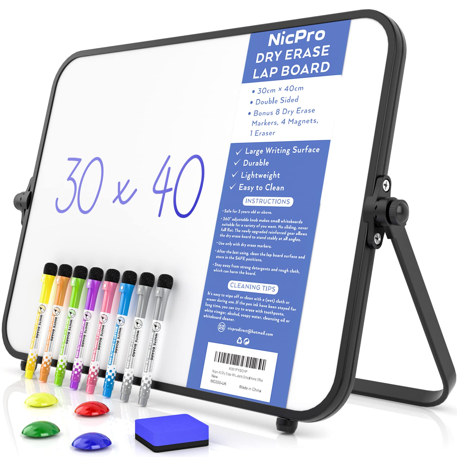 Nicpro Dry Erase Whiteboard A3, 12 X 16'' Double Sided Blank,Non-Slip Stand | Ma