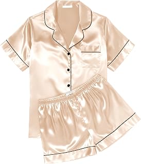 Ekouaer Women Silk Satin Soft Short Sleeve Button Down Sleepwear Top & Shorts Set of 2 Pajamas Lounge Set S-XXL Champagne Small Champagne S