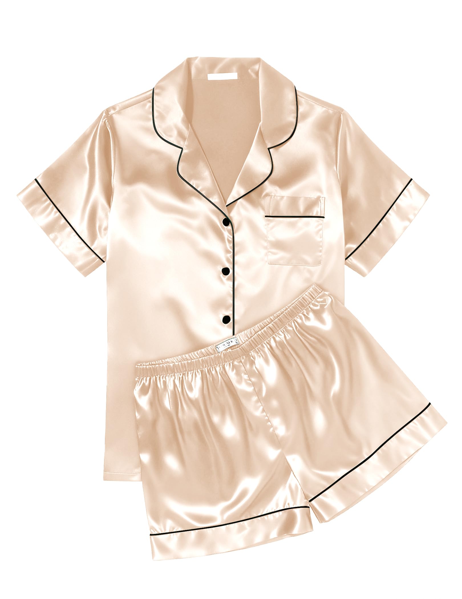 Ekouaer Women Silk Satin Soft Short Sleeve Button Down Sleepwear Top & Shorts Se