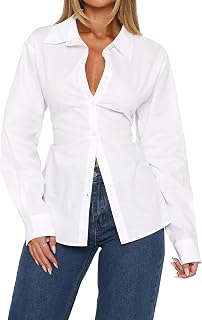 MISSACTIVER Women's Lapel Collar Button Down Shirt Cinch Waist Long Sleeve Casual Work Dressy Tunics Blouse Corset Tops