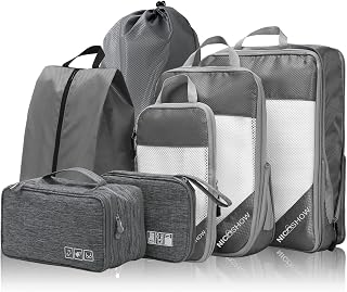 NICOSHOW 7 Set Compression Packing Cubes, Compressible Travel Packing Cubes Travel Essentials, Luggage Organizers for Carry-on Suitcase, Grey