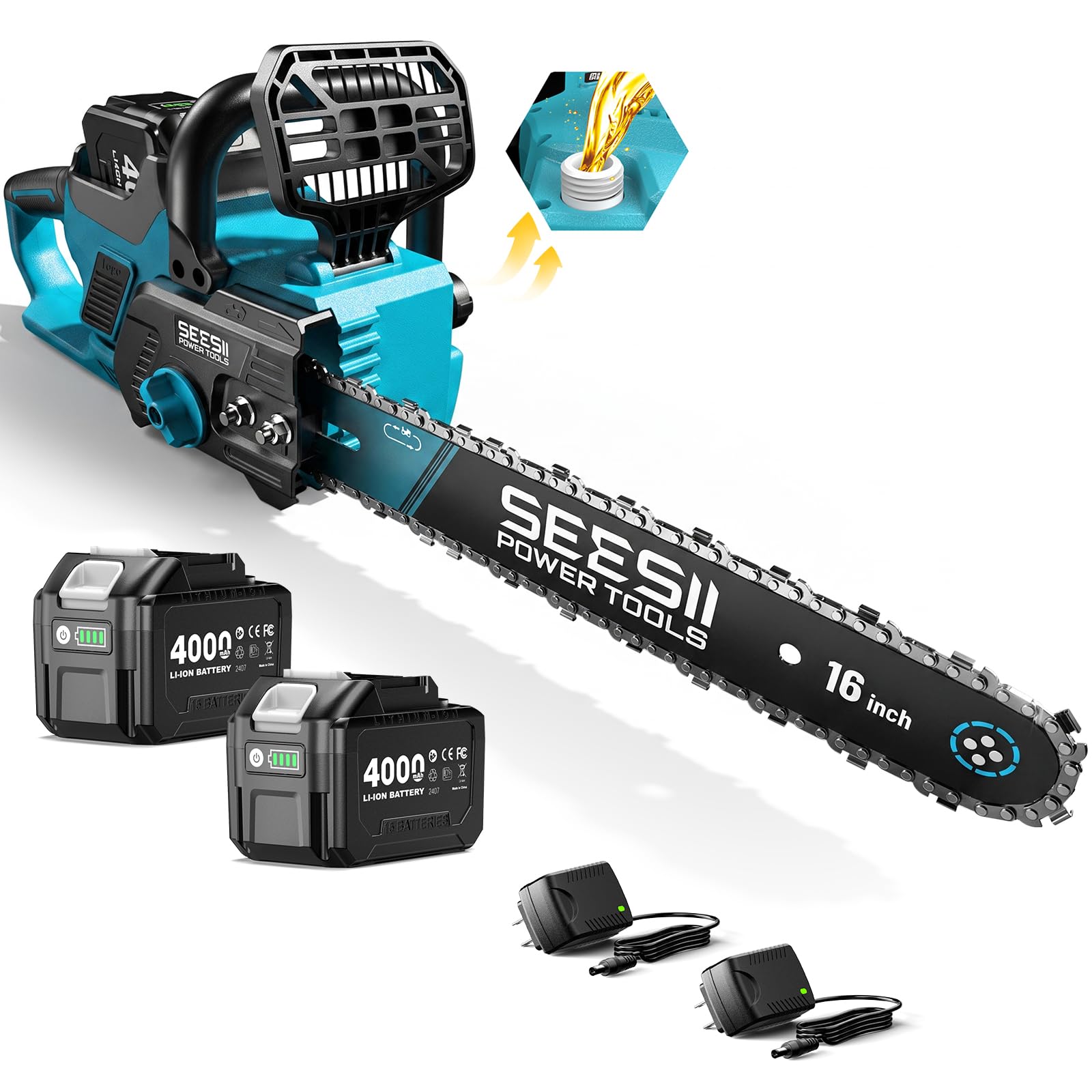 SEESII 40V Eectric Chainsaw Cordless 16 Inch, Battery Powered Chain Saw | 2×40v 