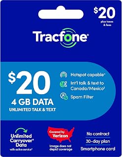 Tracfone $20 Prepaid 30-Day Smartphone Plan: Unlimited Talk/Text + 4GB High-Speed Data [Physical Card]