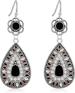 Bohemian Vintage Copper Sliver Teardrop Colorful Enamel Crystal Hook Earrings Ethnic Leaf Rhinestone Dangle Drop Earrings For Women Jewelry Gift
