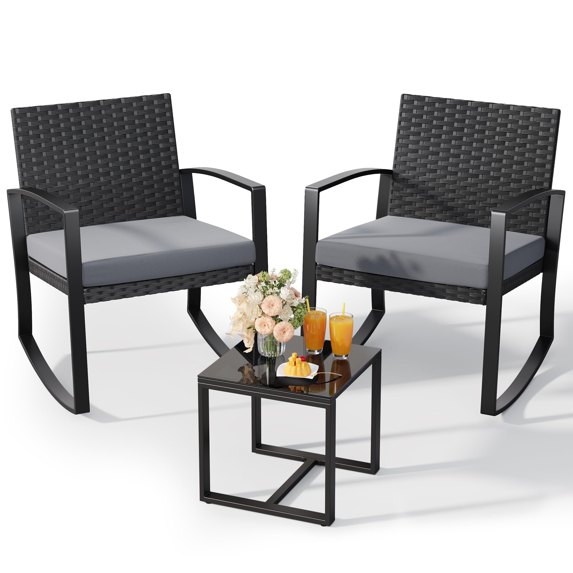 Qsun 3 Pieces Patio Furniture Set Rocking Bistro Set Outdoor Rattan Conversation