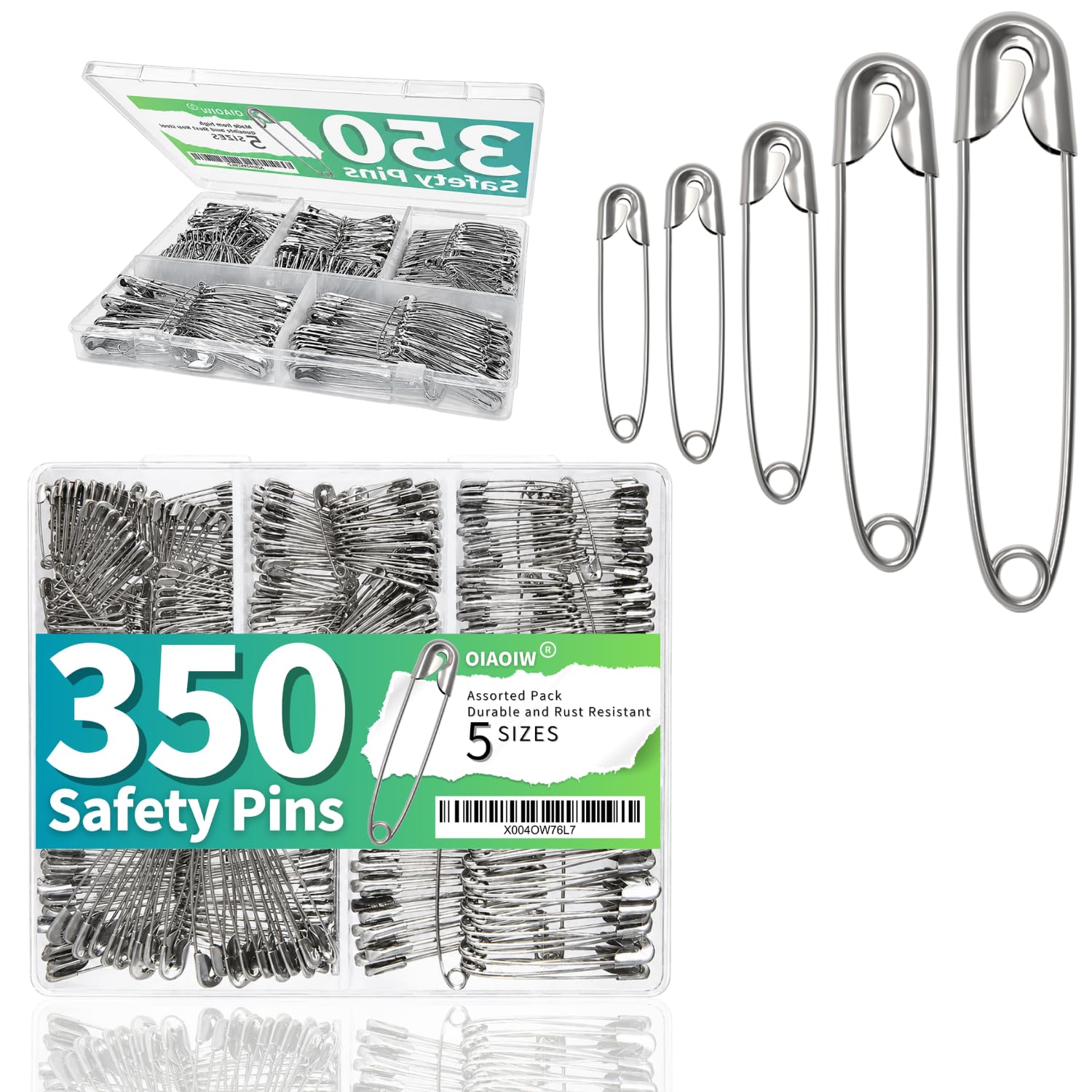 350 Pack Silver Safety Pins for Clothes 5 Assorted Sizes Strong Heavy Duty | saf