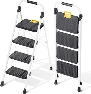KINGRACK 4 Step Ladder, Folding Step Ladders for Home, 800lb Capacity,White | Step-ladder with Safety Lock Non-Skid Wide Pedals, and Handrail, Lightweight, Household Ladder for Home , Kitchen, Office