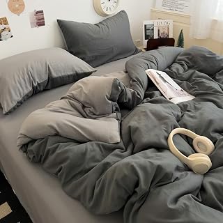§zz.luxi Duvet Cover Set, Single, 3-Piece Set, ins, Striped, Solid, Contrast Color, Simple, Bedding Cover, Western and Japanese Style, Bedspread, Duvet Cover, Fitted Sheet, Pillowcase, Sheet Cover, Skin Friendly, Peach Skin Treatment, Nordic Style, All Seasons (Dark Gray & Light Gray, S Single (3 Piece Set))