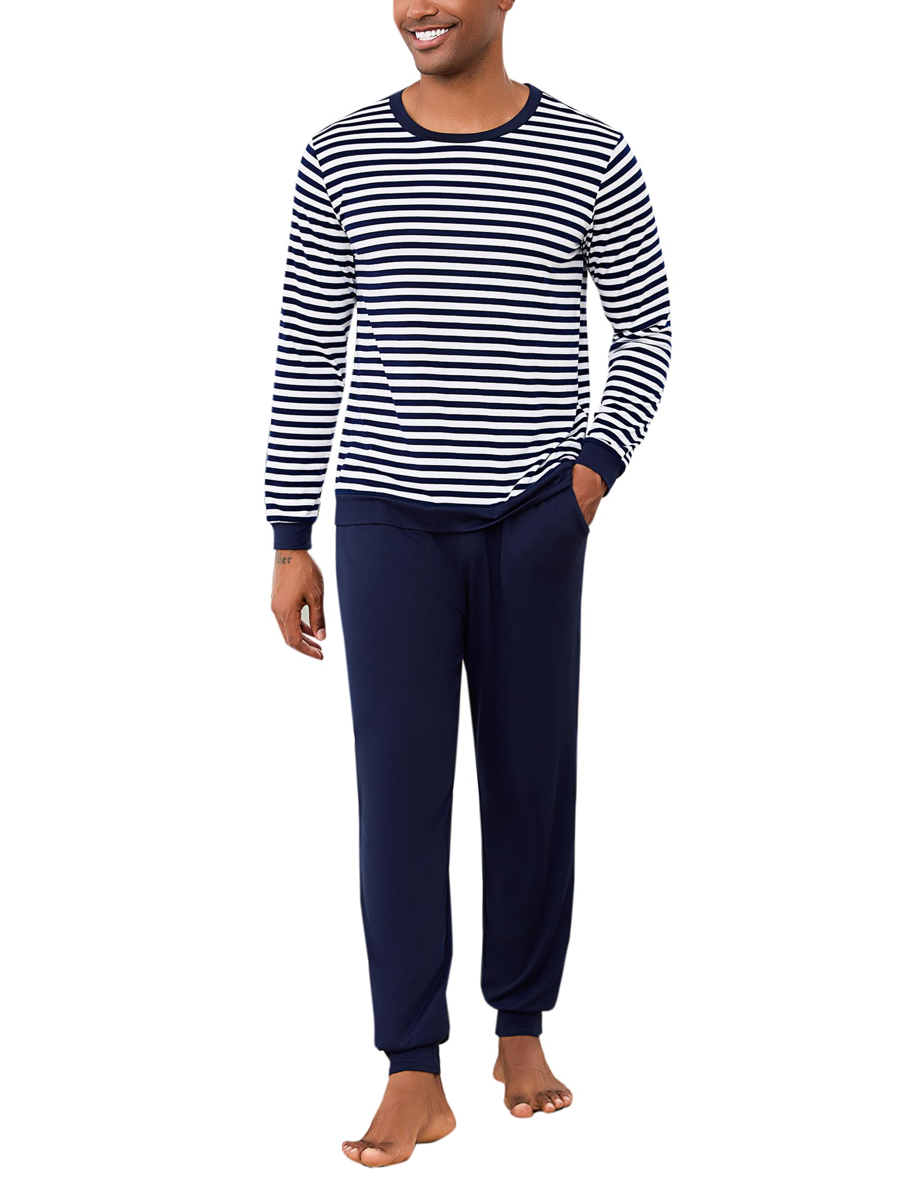 Bresdk Men's Pyjamas Winter Cotton Long Pyjamas Sets Warm Long Sleeve Stripe Sle