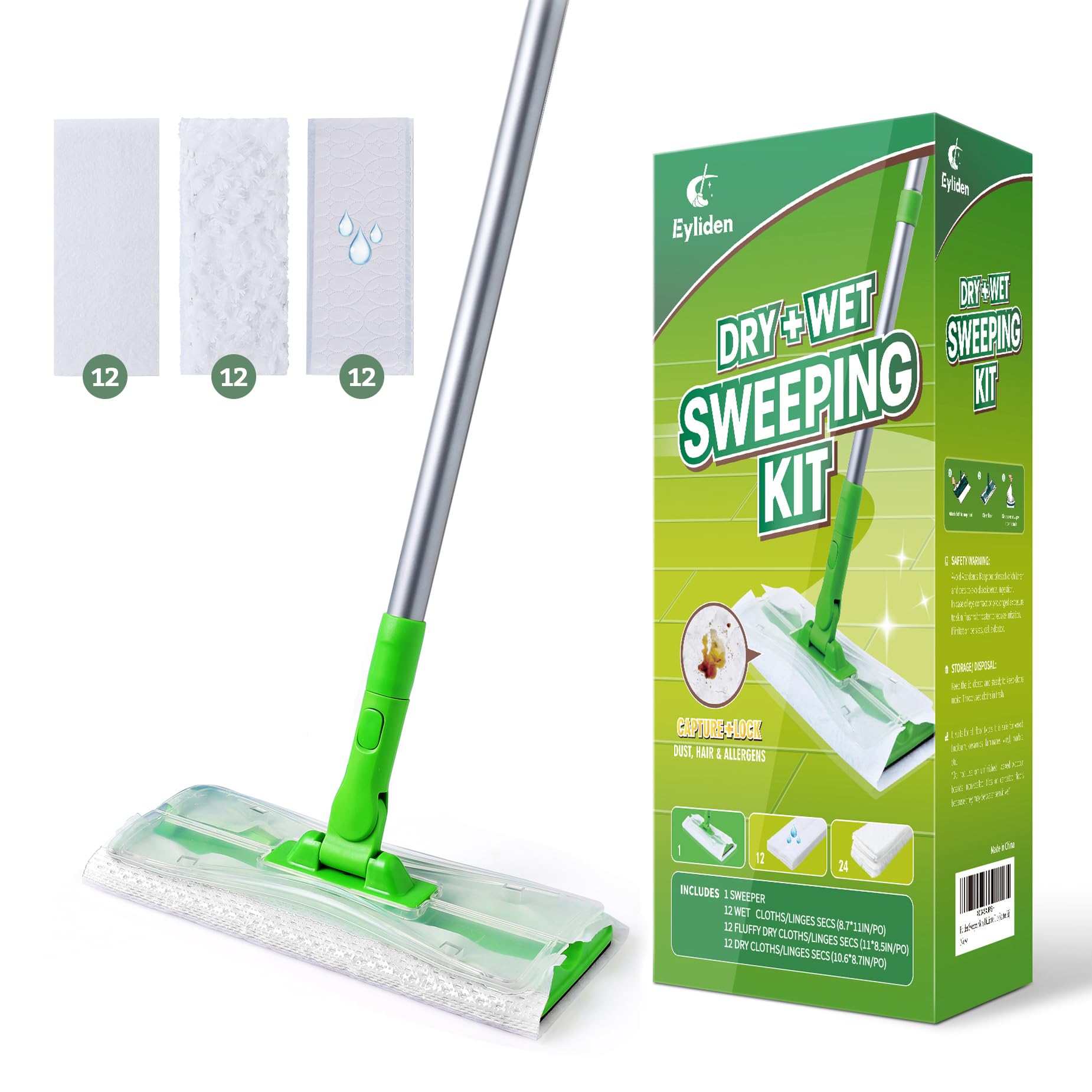 Eyliden Sweeper Mop with 36 Refills - 3 Types of Disposable Dry & Wet Pads | Loc