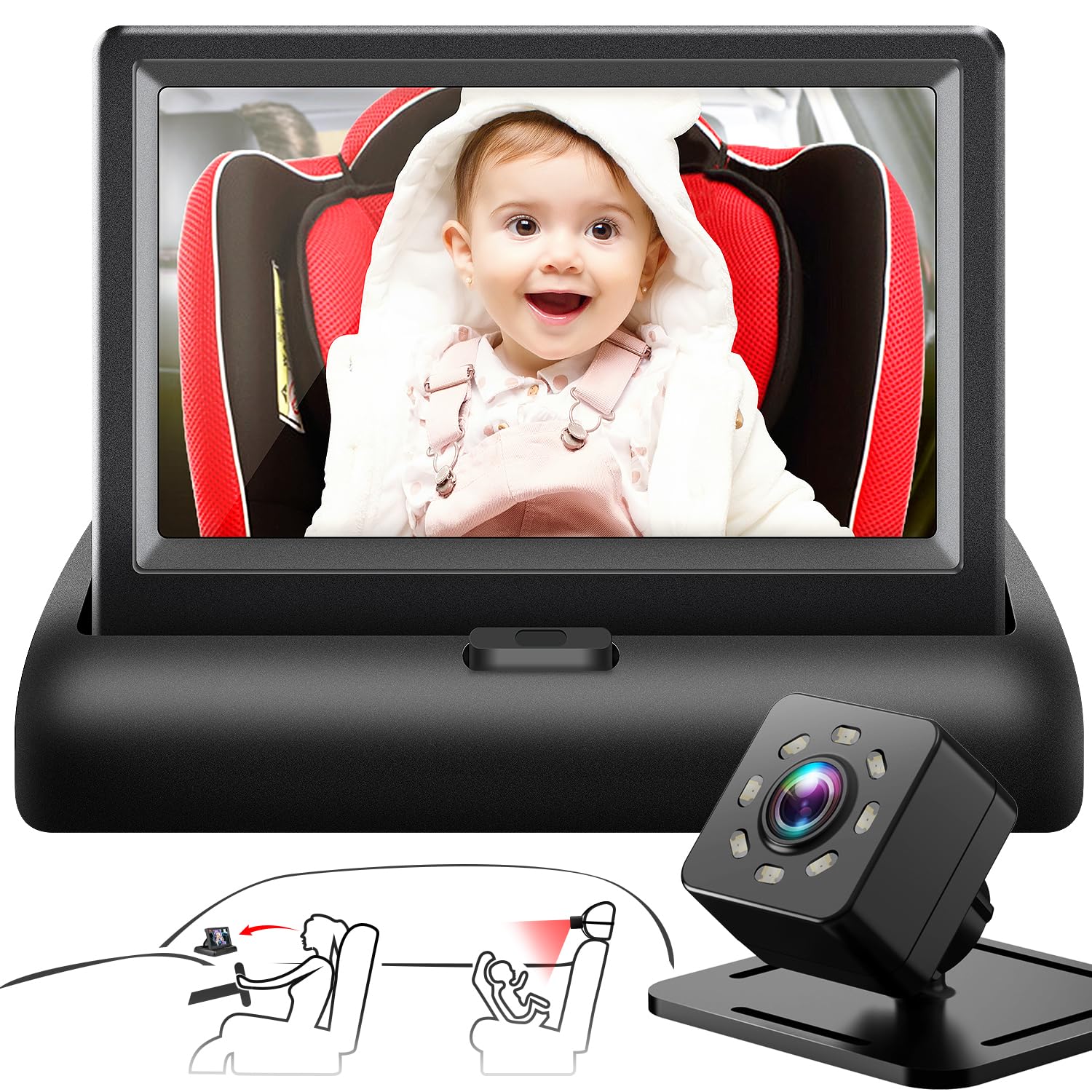 Baby Car Mirror with 4.3'' HD Night Vision Function Display, Safety Car Seat Cam
