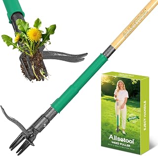 Weed Puller with 2 Weed Eject Feature, 43.7in Stand Up Dandelion Remover Tool, Real Bamboo Handle and Metal 4 Claw & Foot Pedal, Heavy Duty Garden Weeder