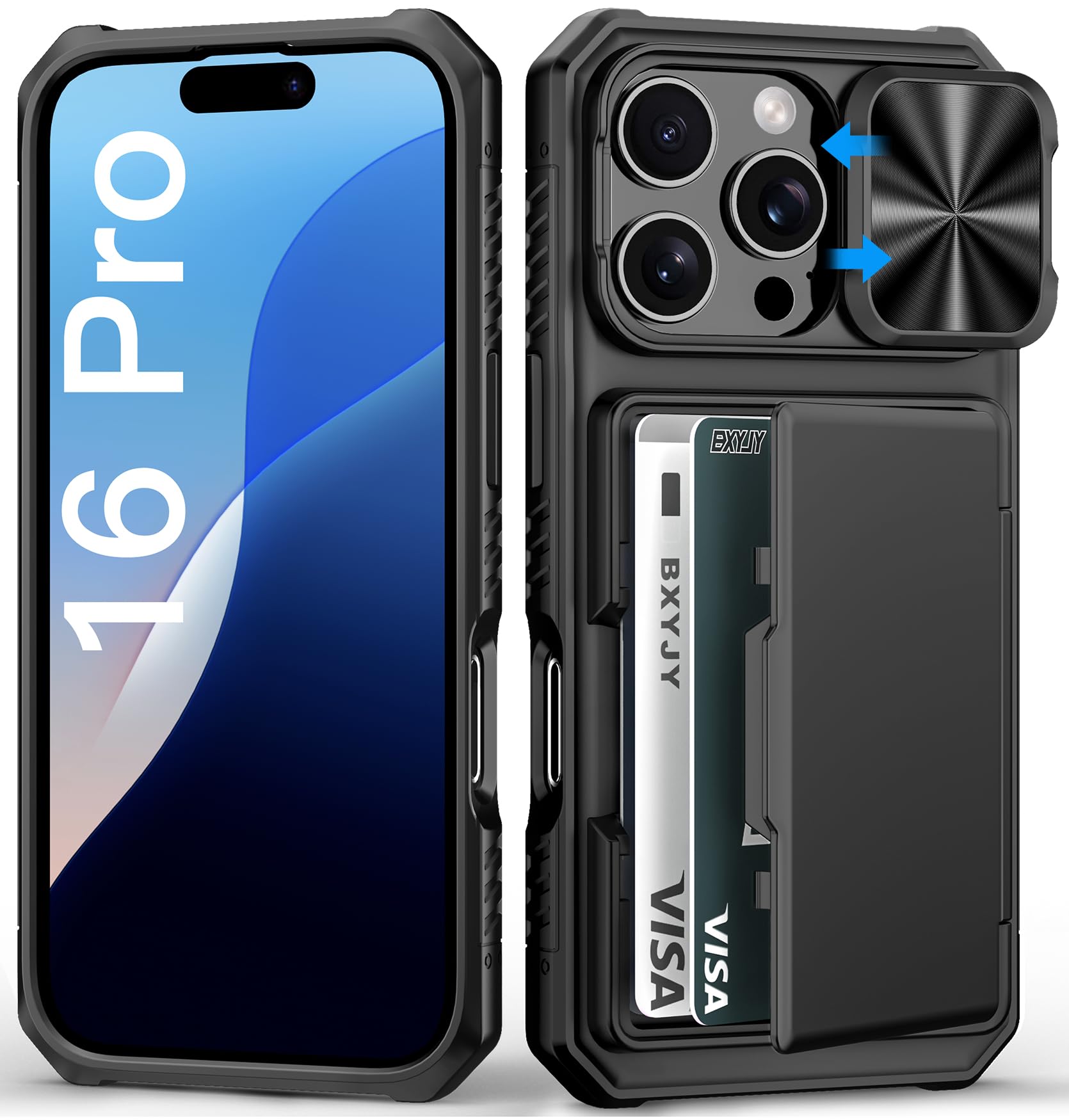 BXYJY for iPhone 16 Pro Case Wallet, Credit Card Holder (4-5 Cards), Black | Sli