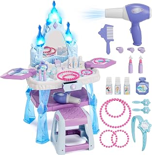 Kids Vanity with Mirror and Stool, Girls Makeup Vanity with Light & Music | Toddler Dressing Table with Realistic Hair Dryer, Pretend Play Princess Dress Up Toys Gifts for Girls Age 3 4 5