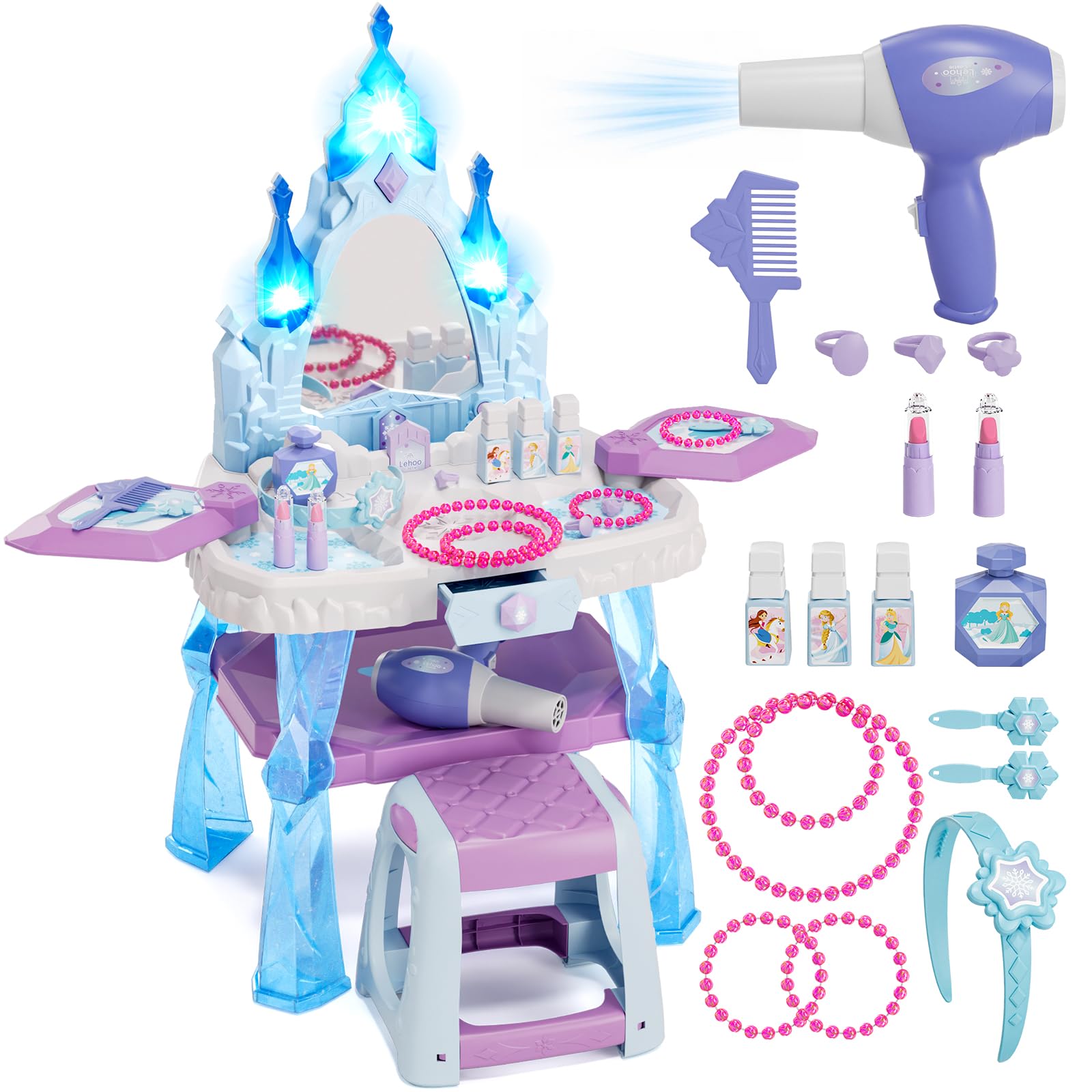 Kids Vanity with Mirror and Stool, Girls Makeup Vanity with Light & Music | Todd