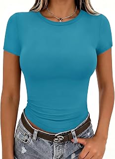 Zeagoo Camisetas básicas sexys de verano de manga corta con cuello redondo y corte ajustado para mujer