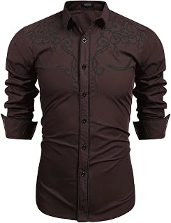 COOFANDY Camisa de manga larga bordada para hombre - Marrón - Medium