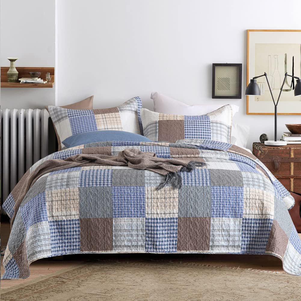 Secgo Queen Comforter Set for Bed - 100% Cotton Quilts Queen Size, Bule, Plaid B