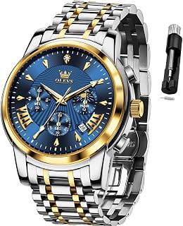 OLEVS Luxury Mens Chronograph Lunar Phase Two Tone Stainless Steel Waterproof Luminous Business Calendar