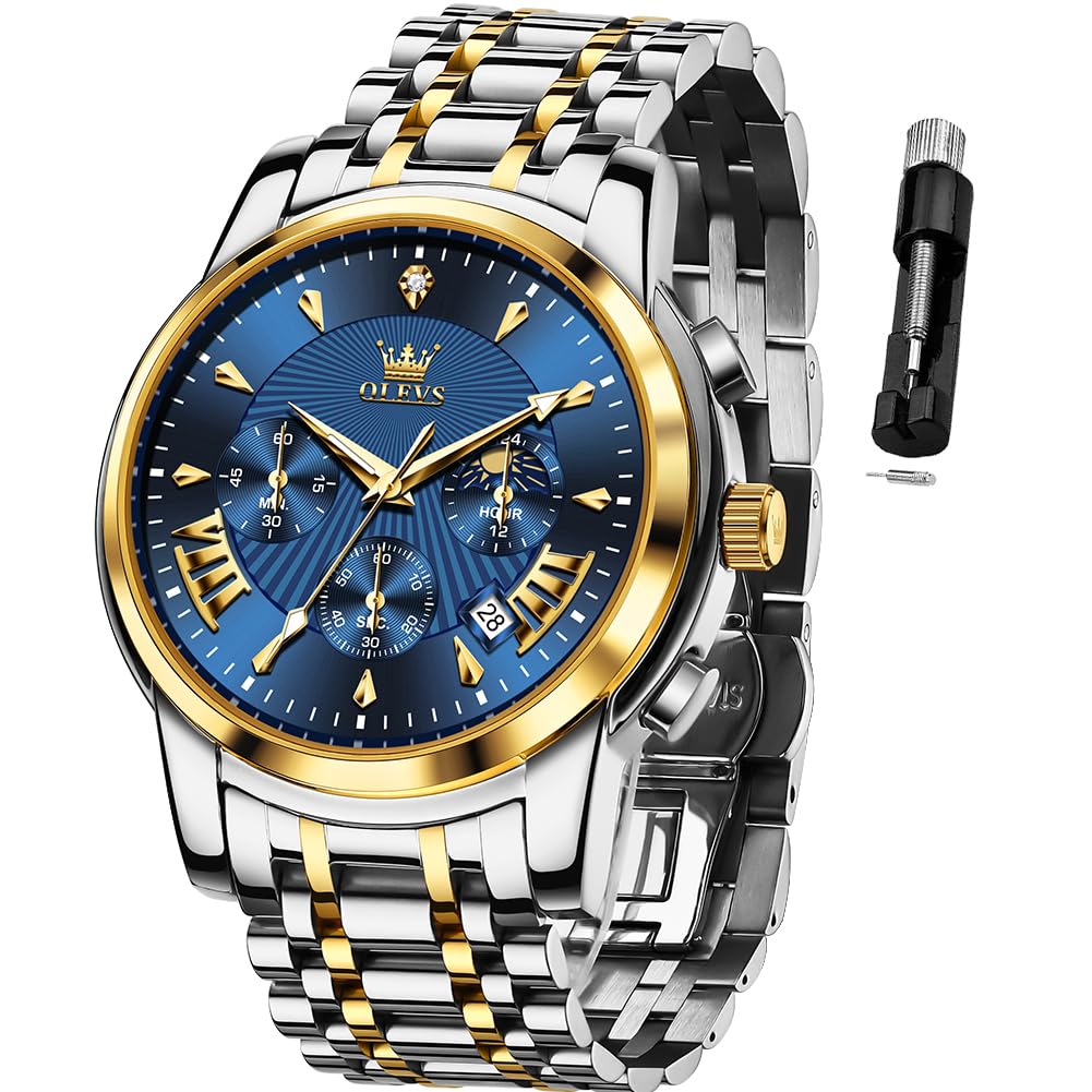 OLEVS Luxury Mens Chronograph Lunar Phase Two Tone Stainless Steel Waterproof Lu