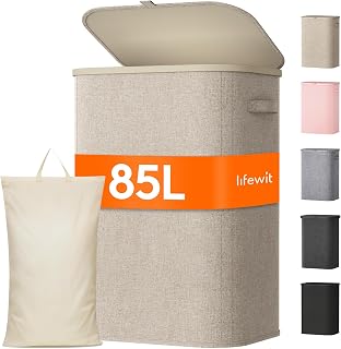 Lifewit 85L Laundry Basket with Lid, Foldable, Handles & Bag, Beige | Large Dirty Clothes Organiser with Plastic Frame for Laundry Room, Bedroom and Bathroom
