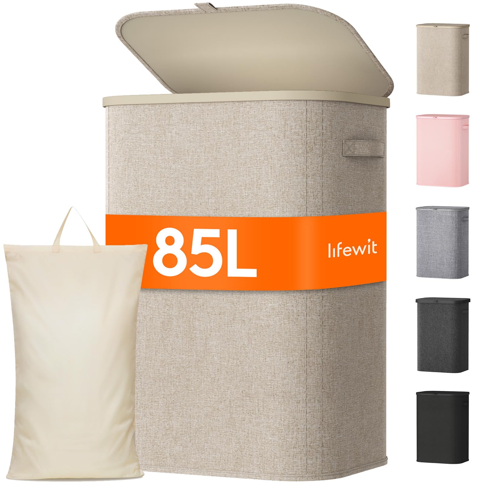 Lifewit 85L Laundry Basket with Lid, Foldable, Handles & Bag, Beige | Large Dirt