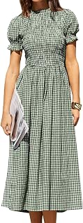 RIHOAS Plaid Gingham Midi Dress Short Sleeve Smocked Dresses for Women