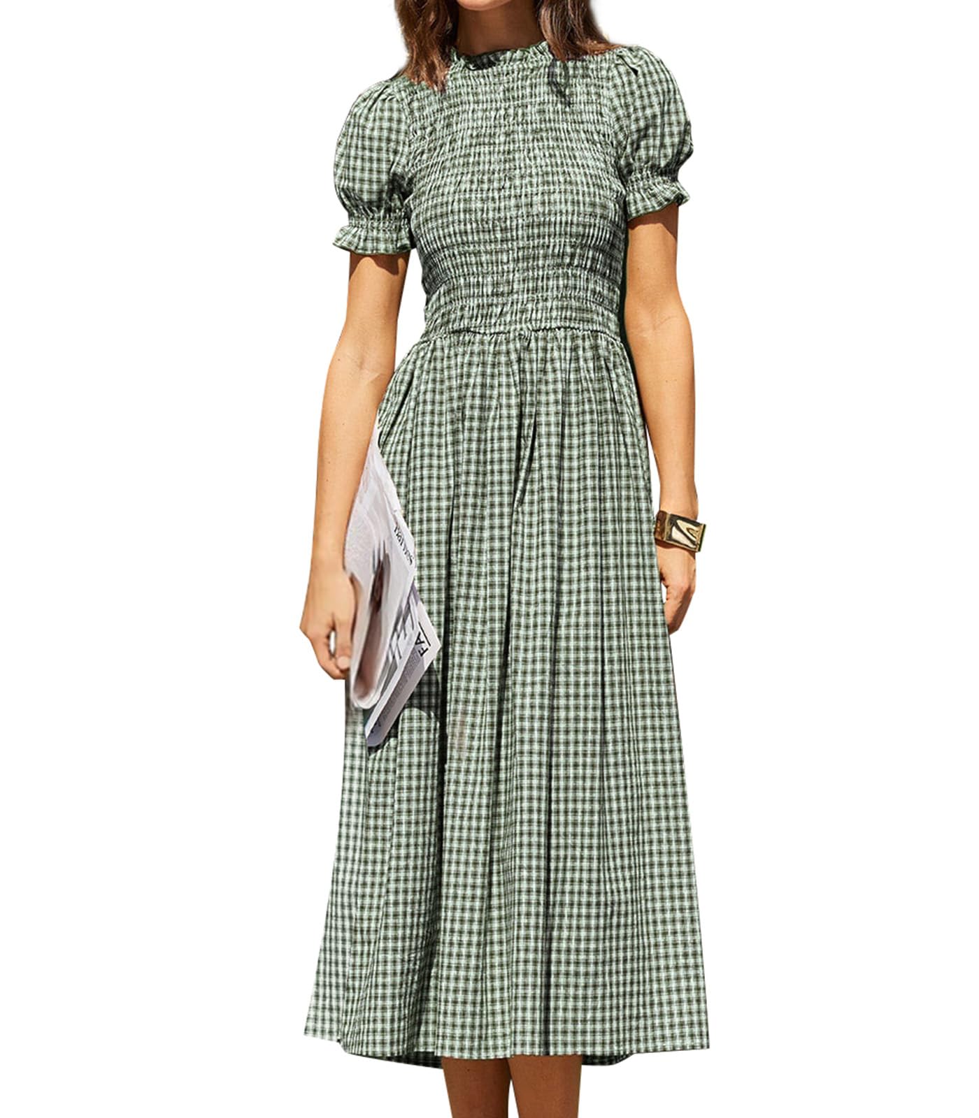 RIHOAS Plaid Gingham Midi Dress Short Sleeve Smocked Dresses for Women