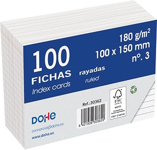 Dohe 100 x A6 (15x10cm) 180g Ruled Card Index Cards - No.3 Office Supplies - White