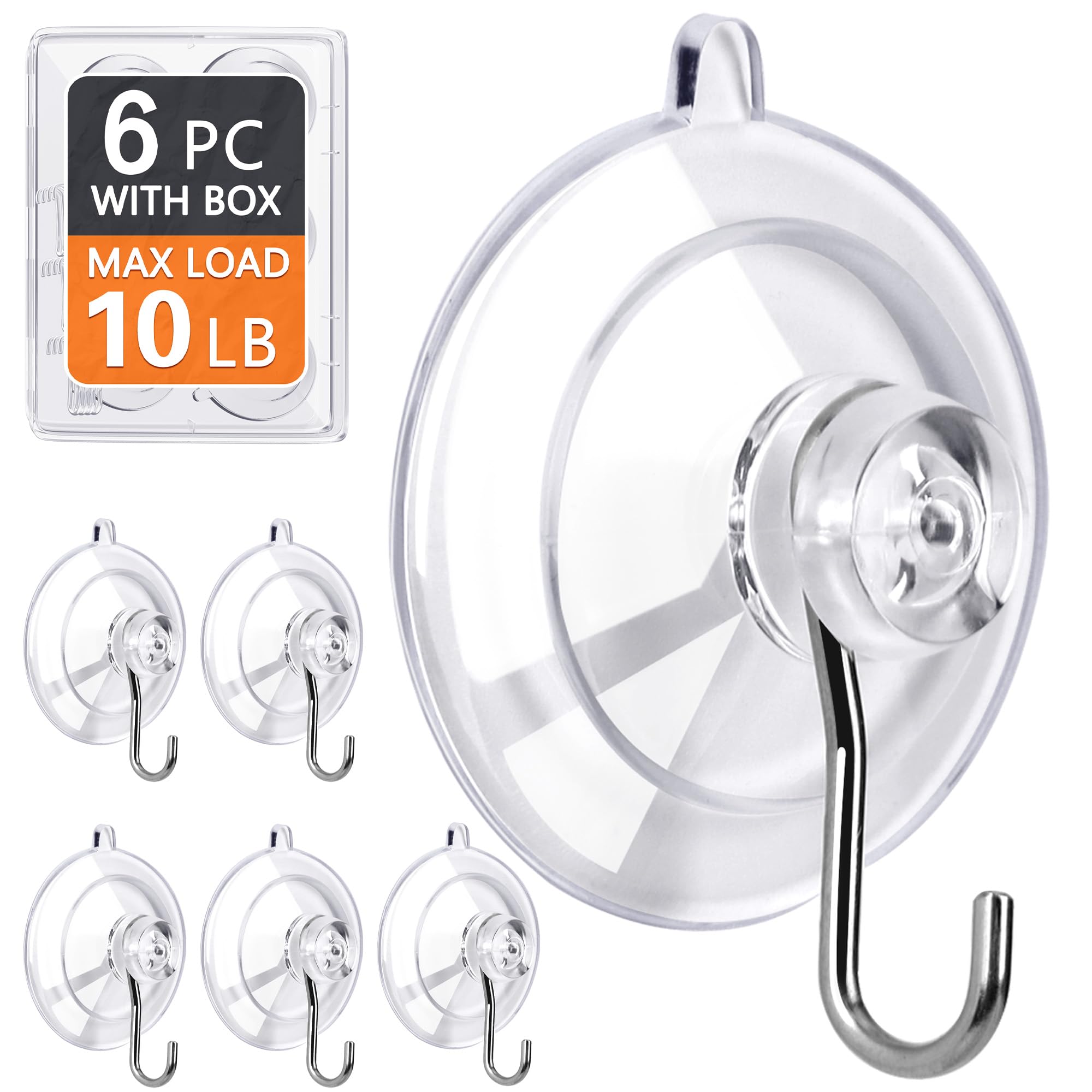 KORCCI Suction Cup Hooks 6Pack - Max Load 10LB, No Trace, Reusable & Removable, 