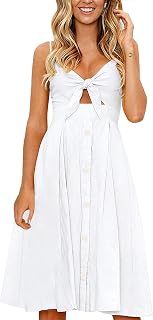 FANCYINN Women's Spaghetti Strap V-Neck Botton Down Tie Front Midi Dress