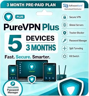 PureVPN Plus VPN | Secure Private Internet Access | Tracker Blocker | Password Manager | 6000+ Servers | Multi Device Compatibility | by Post (5, 3 Months)