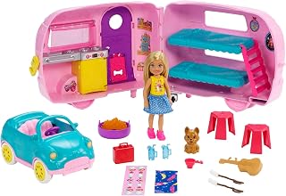 Barbie Chelsea Doll with Toy Car and Camper Playset, Blonde Chelsea Doll | With Toy Puppy and 10 Camping Accessories and Doll Accessories, Toys for Ages 3 and Up, One Doll, FXG90