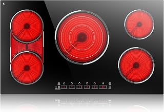 Built-in 5 Burner Electric Cooktop, 36 Inch Electric Stovetop 9600W | Ceramic Hob with BBQ Burner, Touch Control, Child Safety Lock, Timer, Pause, 220-240V, Hard Wire, No Plug
