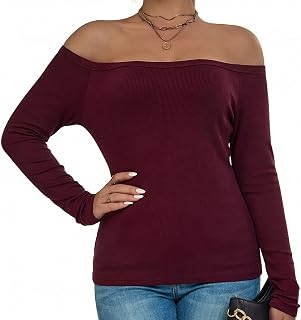 ASAIR Off The Shoulder Tops for Women Long Sleeve Shirts Ribbed Basic Trendy Stretchy Lightweight Tops