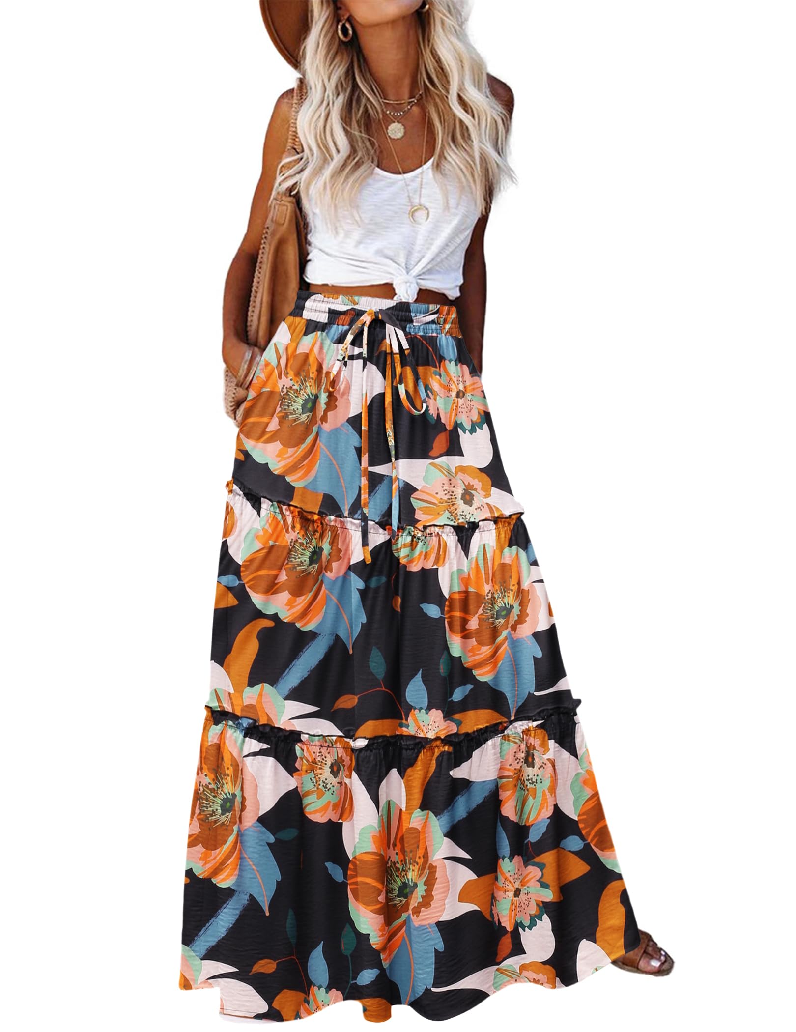 Zeagoo Casual Long Skirts for Women 2025 High Waist Boho Floral Print Flowy Long