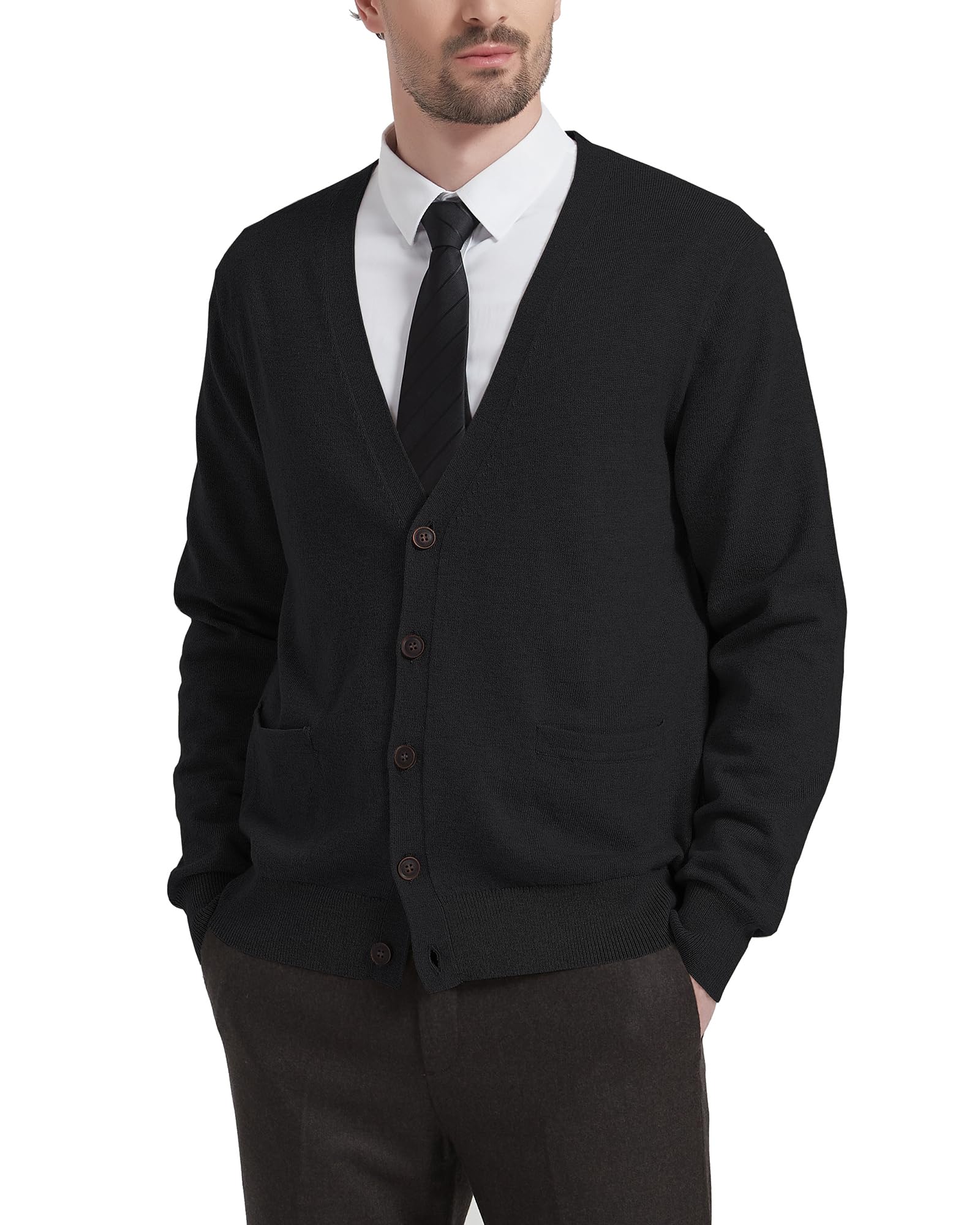 Kallspin Men's Wool Blend V-Neck Cardigan with Button Closure and Pockets