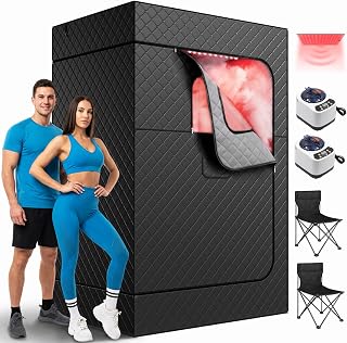 SOARFLY Upgraded 2 Person Infrared Sauna Box, 75”×50”×38”, Portable Steam Sauna Room with 660nm＆850nm Red Light Therapy Lamp, 5-Layer Waterproof, 5-Layer Waterproof, 2 Steamers, 2 Folding Chair(Black)