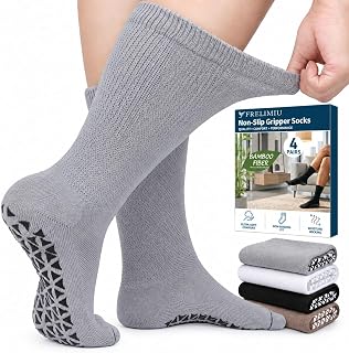 Diabetic Crew Socks with Grippers for Men-4 Pairs Bamboo Viscose Hospital Grip Socks,Non Skid Socks for Men,Non Binding Loose Fit for Edema Neuropathy Elderly,7-10