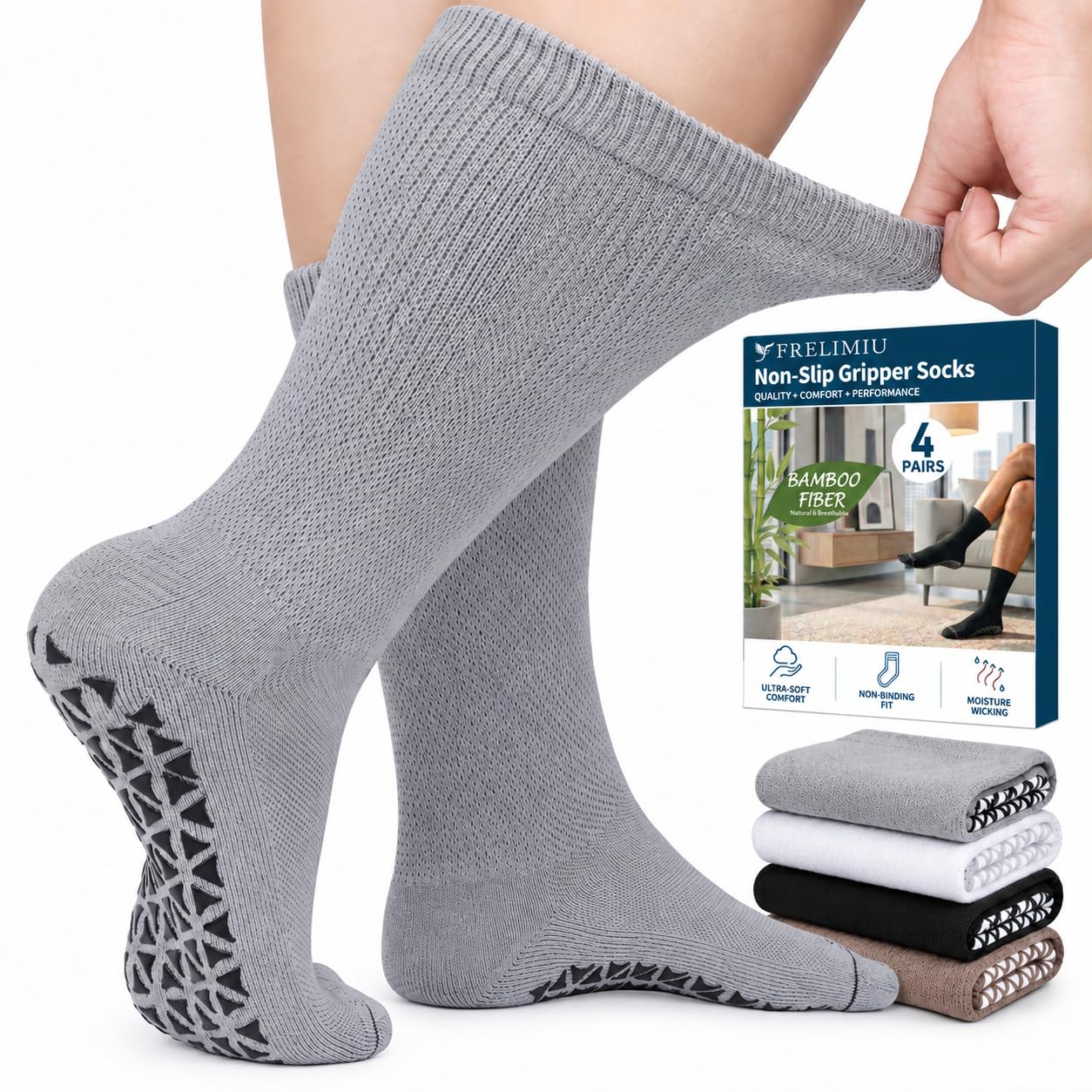 Diabetic Crew Socks with Grippers for Men-4 Pairs Bamboo Viscose Hospital Grip S