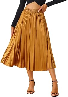 Women Pleated Skirt Midi Length Elastic High Waisted A Line Metallic Shirring Party Skirts X-Large Orange
