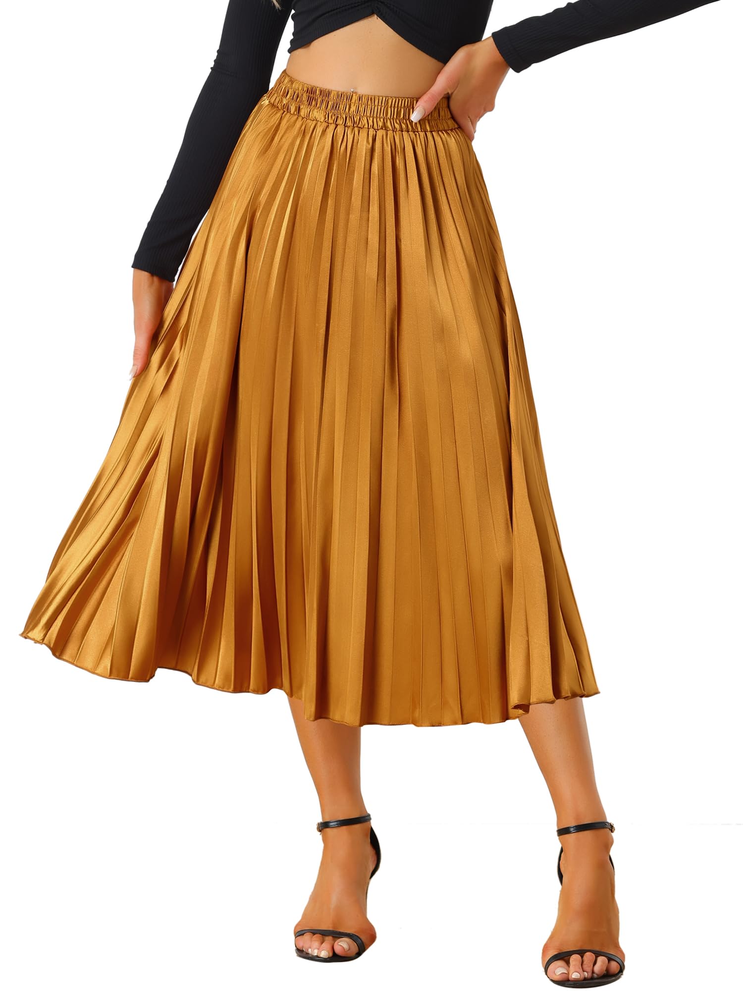 Women Pleated Skirt Midi Length Elastic High Waisted A Line Metallic Shirring Pa