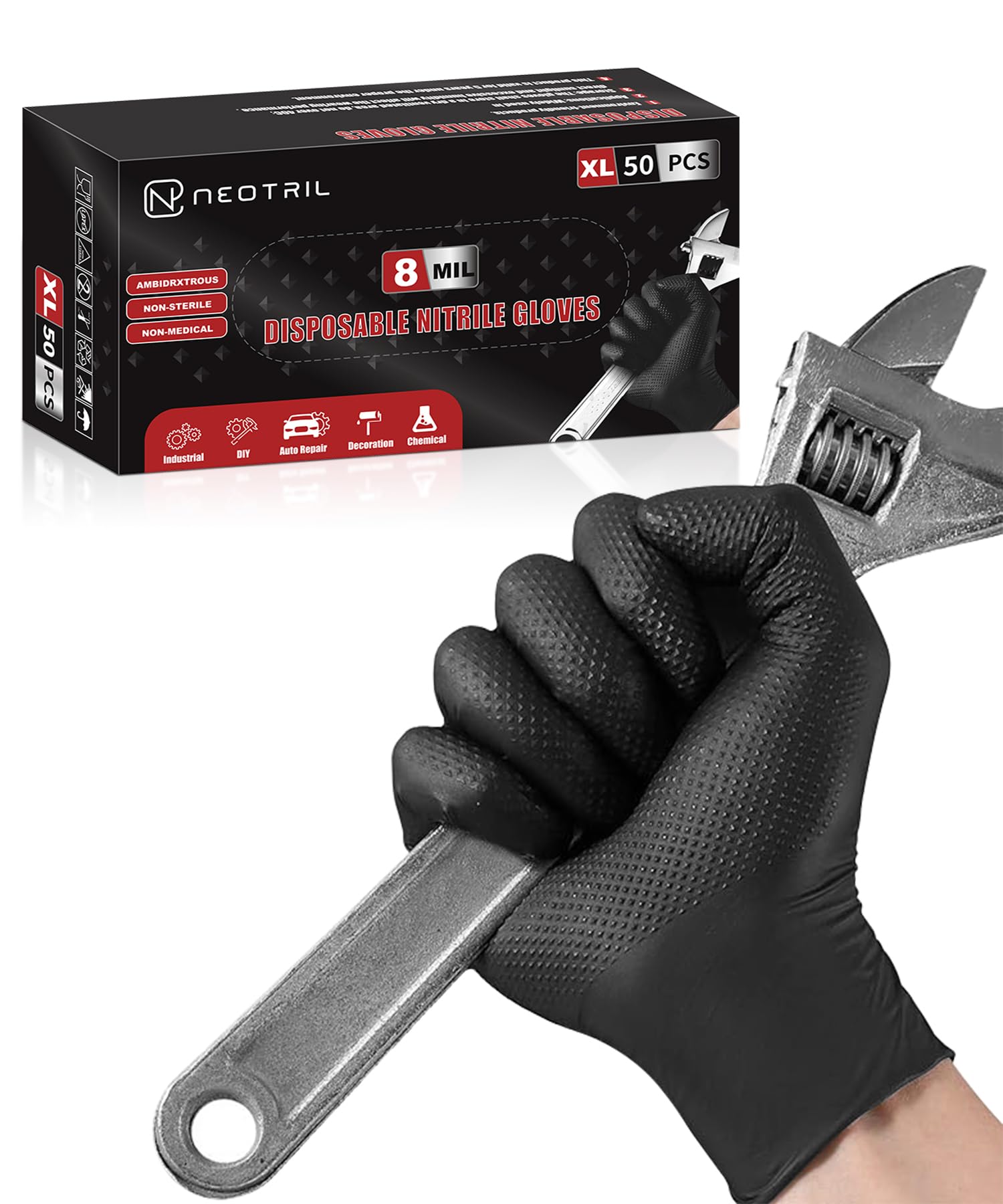 NEOTRIL 8 Mil Heavy Duty Disposable Nitrile Gloves with Diamond Texture Grip Rub
