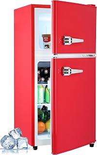 Anypro 3.2 Cu.Ft Refrigerator, Double Door Retro Fridge with Freezer, 7 Adjustable Temperature Settings, Low Noise, Removable Glass Shelves for Dorm, Office, Bedroom, Apartment, Red