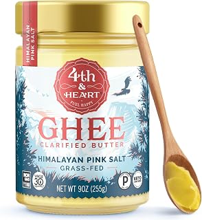 4th & Heart Himalayan Pink Salt Grass Fed Ghee, Clarified Butter, 9oz. | 100% Butterfat, Pasture-Raised, Supports Gut Health, Lactose & Casein Free, High Smoke Point, Keto & Paleo, Shelf-Stable.
