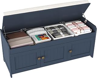 HOMEFORT Shoe Bench with Lift Top Storage, Entryway Storage Bench with Cushioned Seat, Wooden End of Bed Bench, Shoe Cabinet Bench with Hidden Storage Space, for Bedroom, Hallway (Blue)